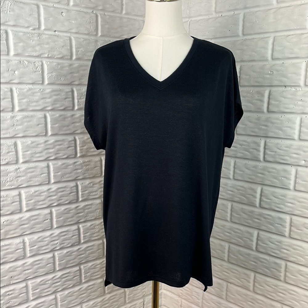 ORVIS V NECK KNIT TOP BLACK TUNIC HI LOW HEM SHORT SLEEVE SIZE MEDIUM